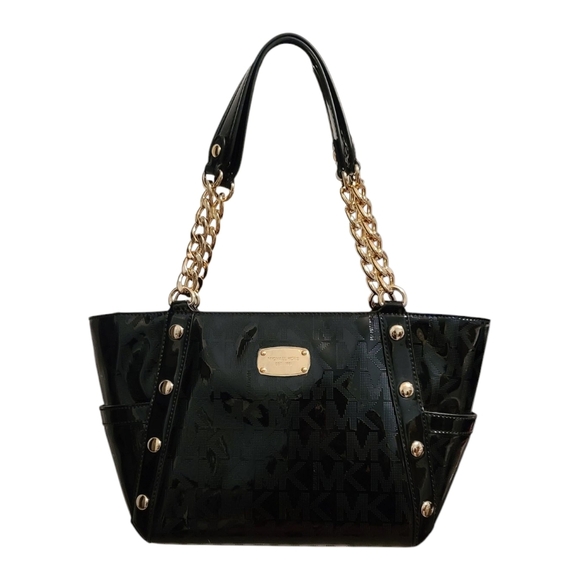 MICHAEL KORS NWT Delancy Signature Black Patent Leather Shoulder Tote Medium - Picture 1 of 16